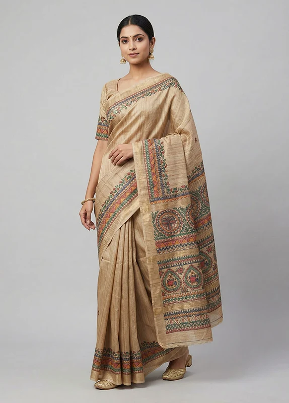 Cream Tussar Silk Saree With Blouse Piece One Size