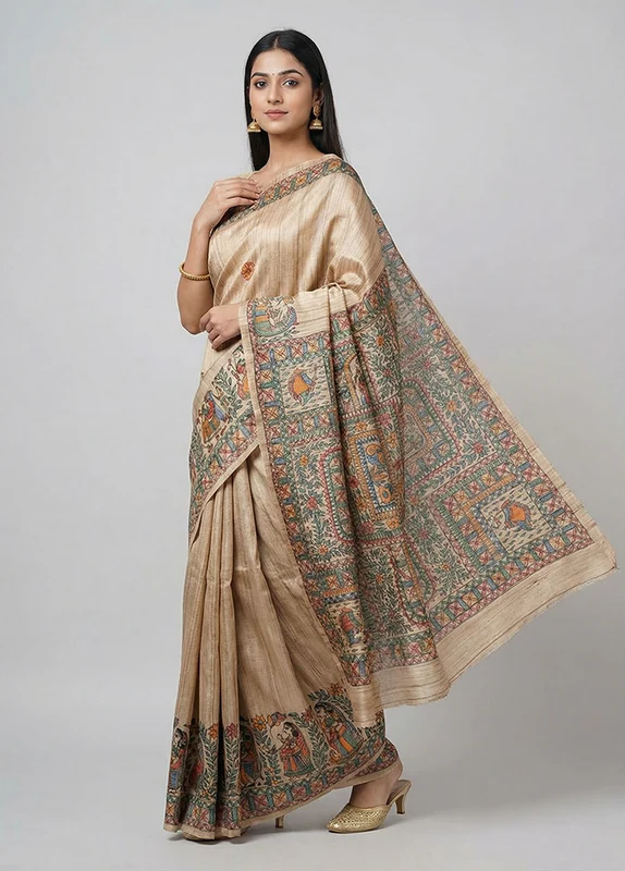 Cream Tussar Silk Saree With Blouse Piece One Size