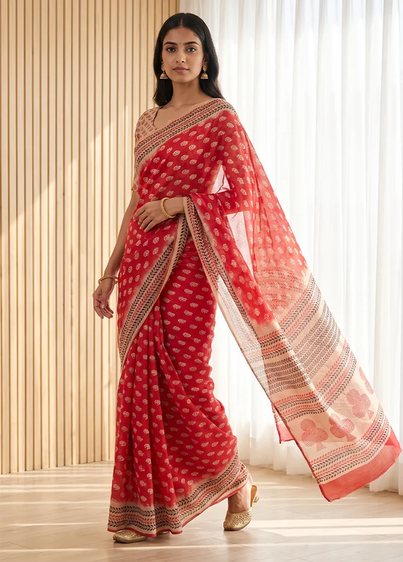 Red Printed Pure Silk Saree Without Blouse Piece One Size