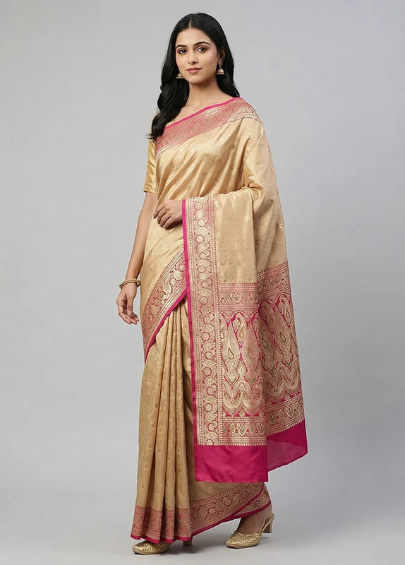 Cream Handloom Banarasi Pure Silk Saree With Blouse Piece One Size