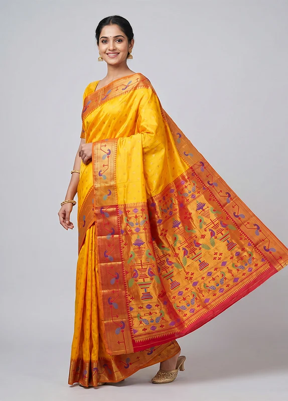 Yellow Kanjivaram Silk Saree With Blouse Piece One Size