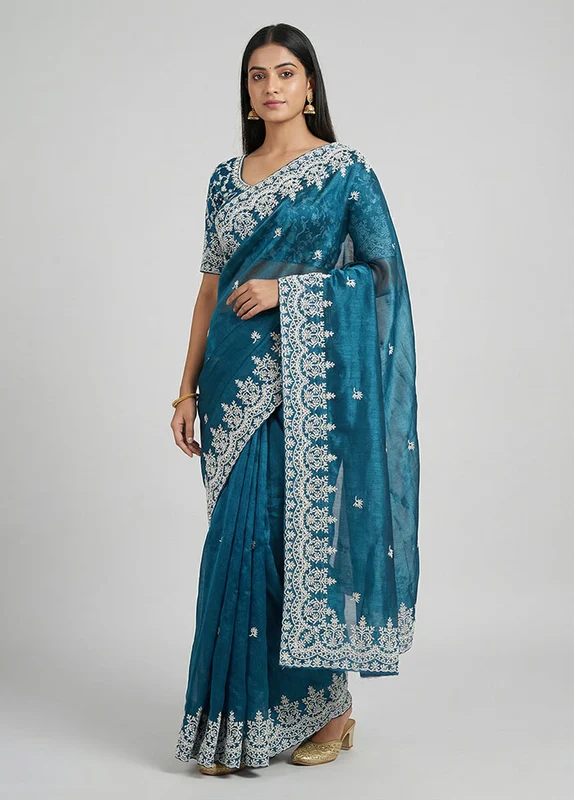 Blue Tissue Silk Saree With Blouse Piece One Size