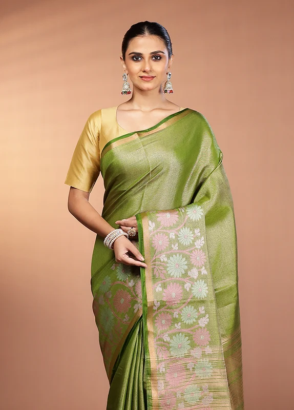 Green Tissue Silk Saree With Blouse Piece One Size