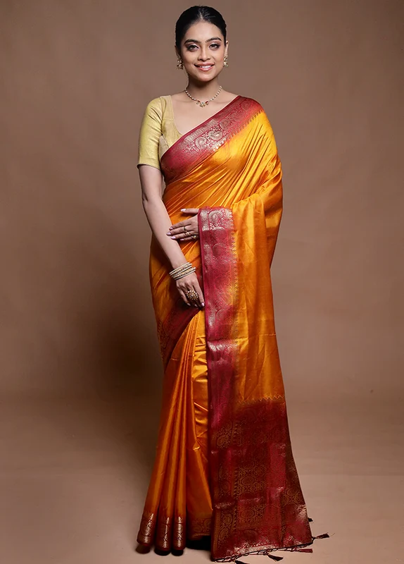 Yellow Dupion Silk Saree With Blouse Piece Onesize