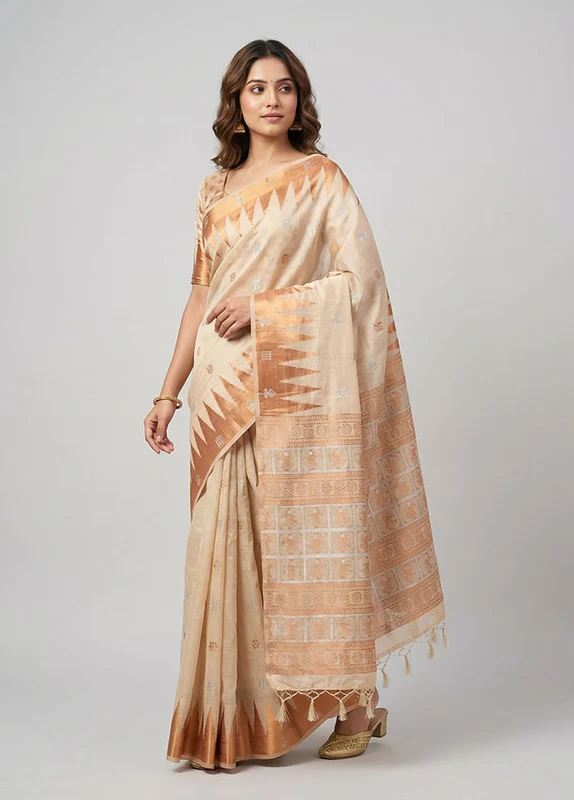 Cream Dupion Silk Saree With Blouse Piece One Size