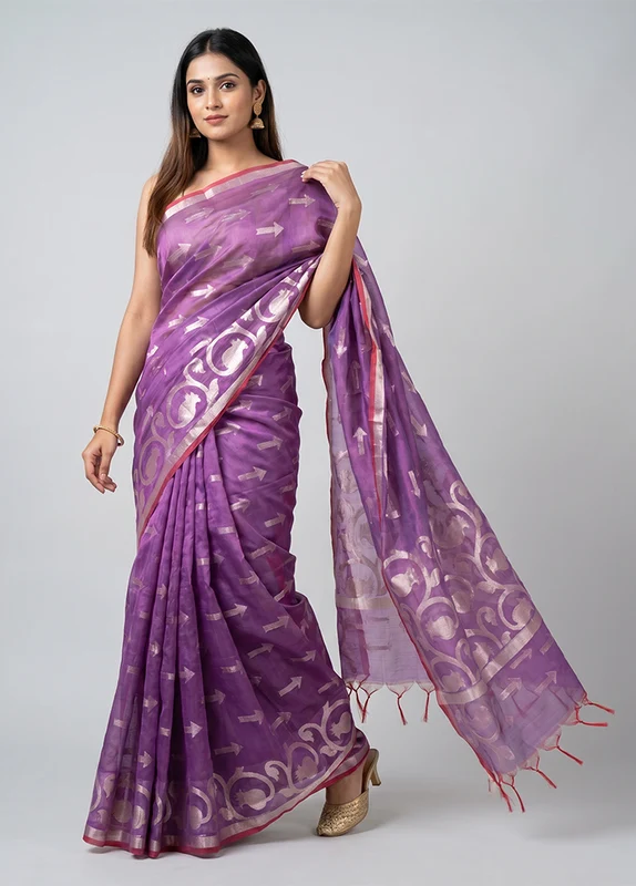 Purple Organza Saree With Blouse Piece One Size