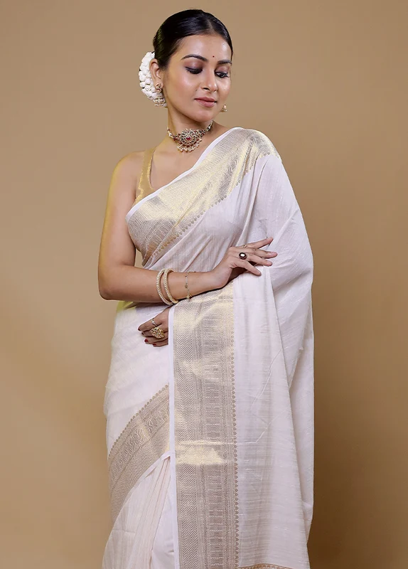 White Dupion Silk Saree With Blouse Piece Onesize