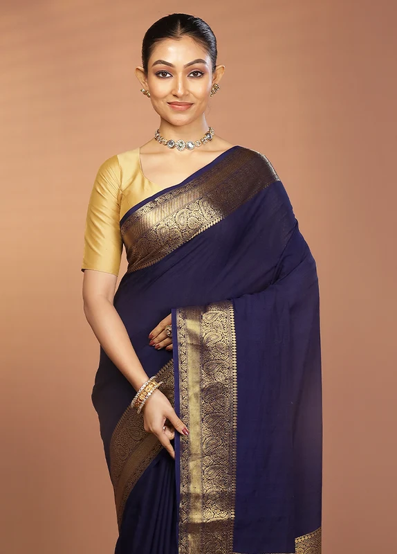 Blue Dupion Silk Saree With Blouse Piece One Size