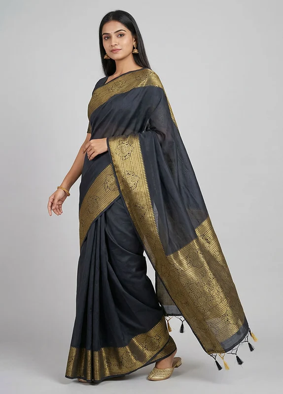 Black Dupion Silk Saree With Blouse Piece One Size