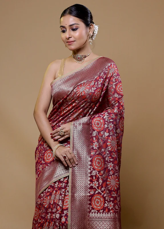 Pink Kora Silk Saree With Blouse Piece Onesize