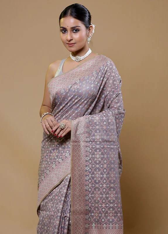 Grey Kora Silk Saree With Blouse Piece Onesize
