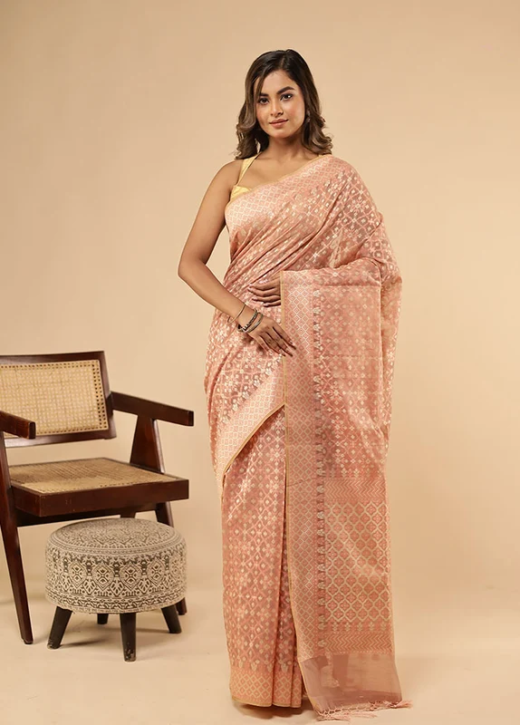 Cream Kora Silk Saree With Blouse Piece One Size