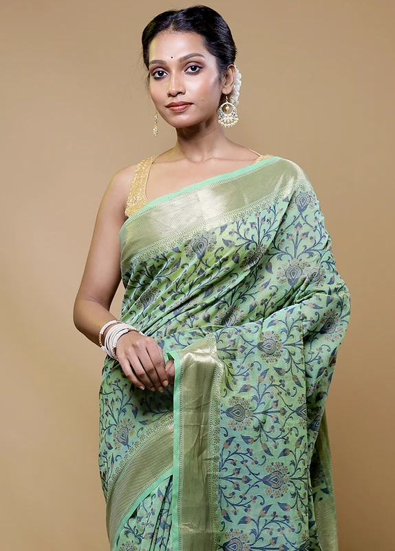 Green Kora Silk Saree With Blouse Piece Onesize