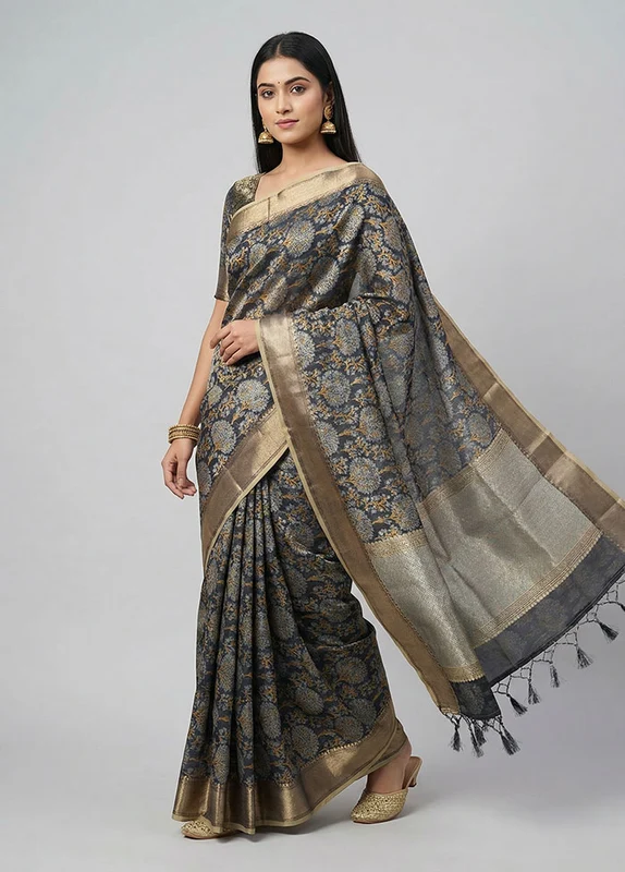 Grey Kora Silk Saree With Blouse Piece One Size