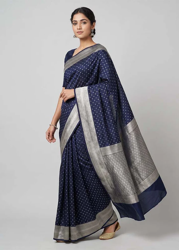 Blue Uppada Silk Saree With Blouse Piece One Size