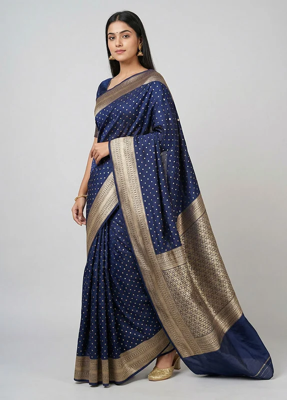Blue Uppada Silk Saree With Blouse Piece One Size