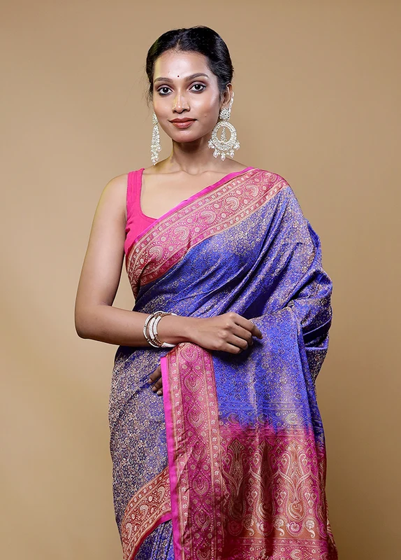 Blue Handloom Jamewar Pure Silk Saree With Blouse Piece Onesize