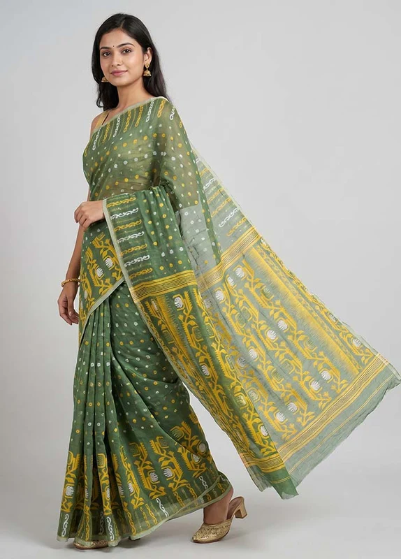Green Jamdani Cotton Saree Without Blouse Piece One Size