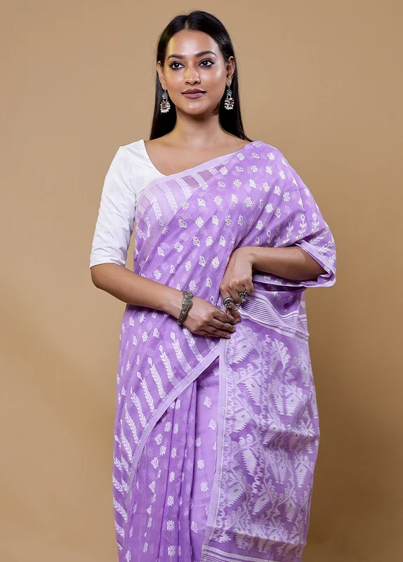Purple Tant Jamdani Saree Without Blouse Piece Onesize