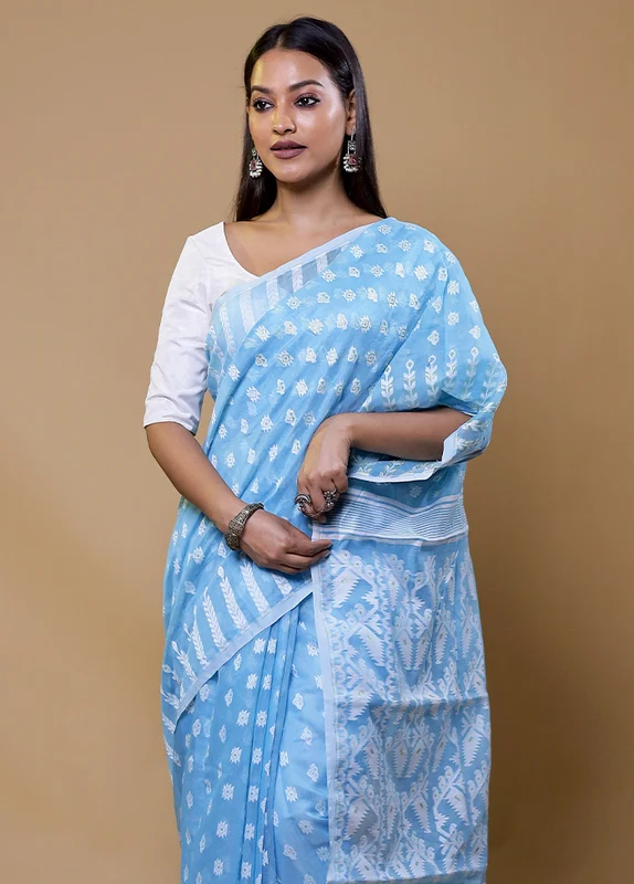 Blue Tant Jamdani Saree Without Blouse Piece Onesize