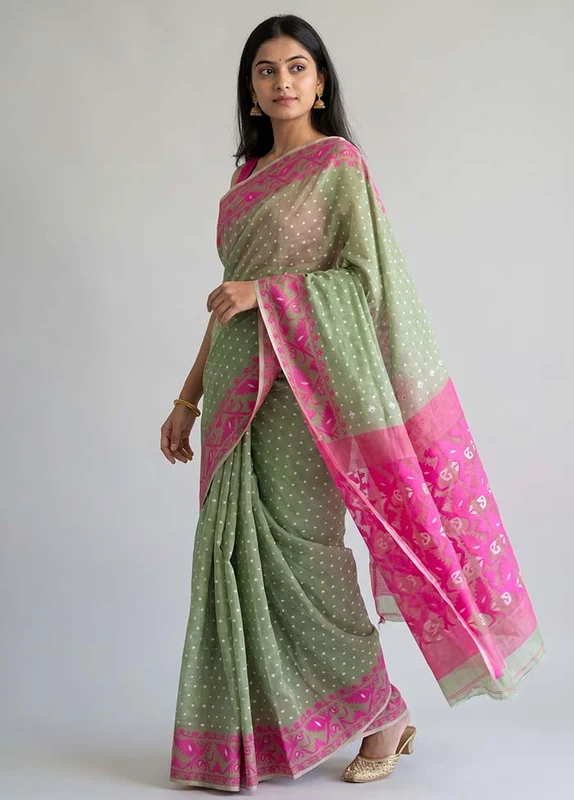 Pink Jamdani Cotton Saree Without Blouse Piece One Size