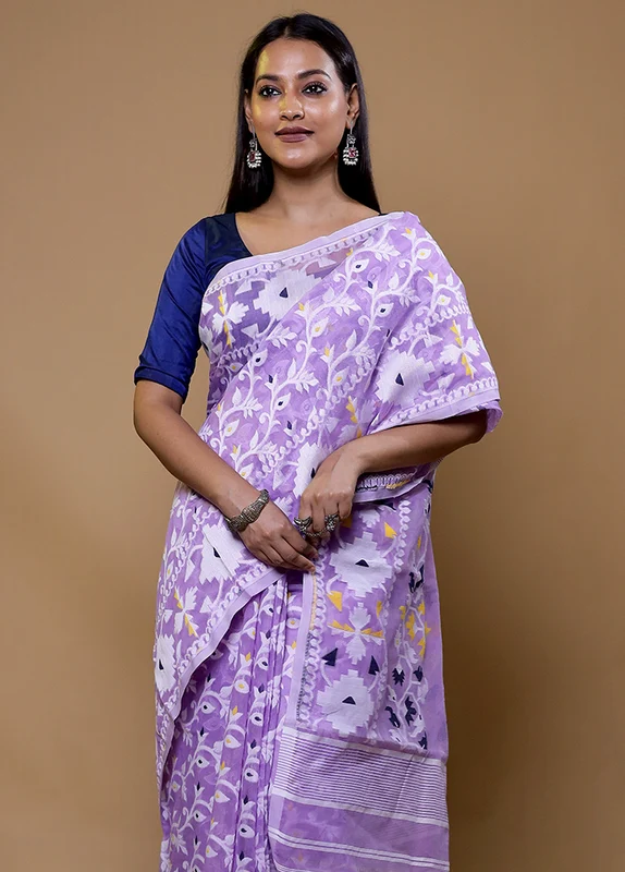 Purple Tant Jamdani Saree Without Blouse Piece Onesize