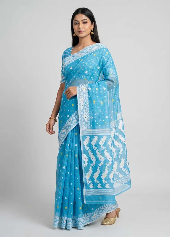 Blue Jamdani Cotton Saree Without Blouse Piece One Size