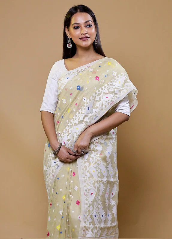 Green Tant Jamdani Saree Without Blouse Piece Onesize