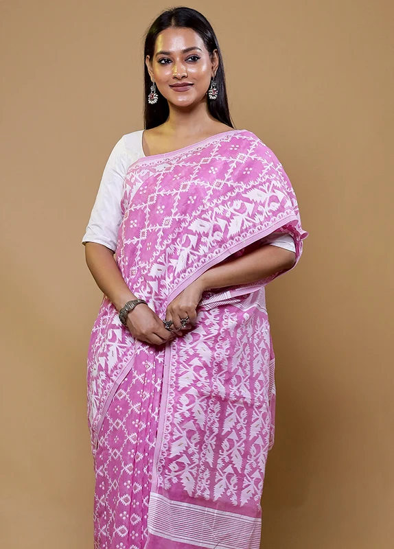 Purple Tant Jamdani Saree Without Blouse Piece Onesize