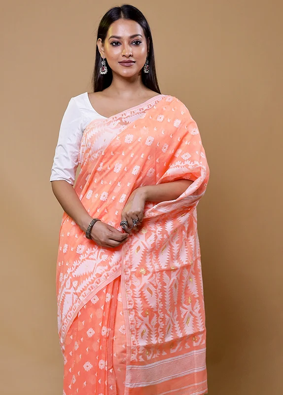 Peach Tant Jamdani Saree Without Blouse Piece Onesize