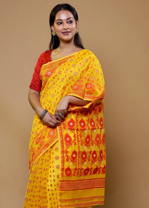 Yellow Tant Jamdani Saree Without Blouse Piece Onesize