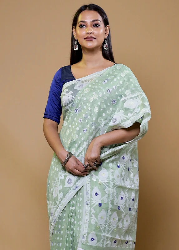 Green Tant Jamdani Saree Without Blouse Piece Onesize