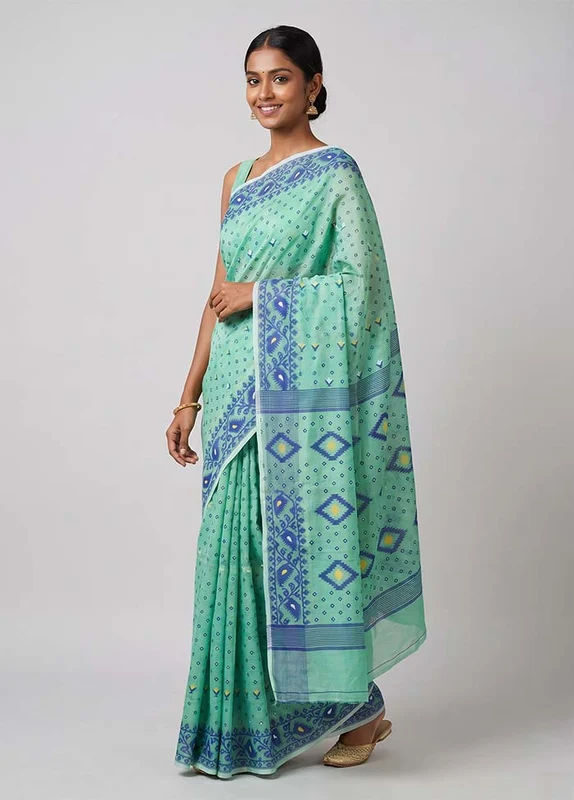 Green Jamdani Cotton Saree Without Blouse Piece One Size