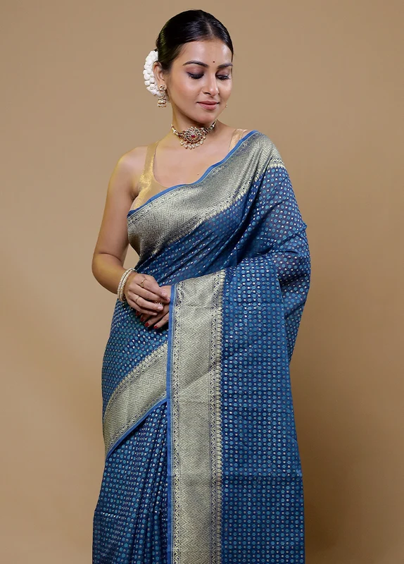 Blue Kora Silk Saree With Blouse Piece Onesize
