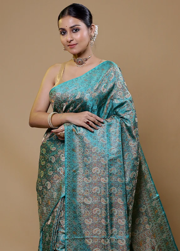 Blue Handloom Jamewar Pure Silk Saree With Blouse Piece Onesize
