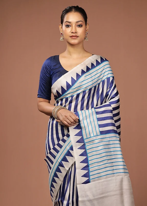 Blue Printed Pure Silk Saree Without Blouse Piece One Size