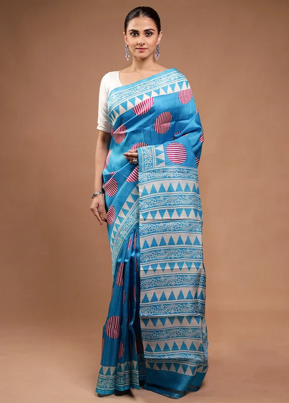 Blue Printed Pure Silk Saree Without Blouse Piece Onesize