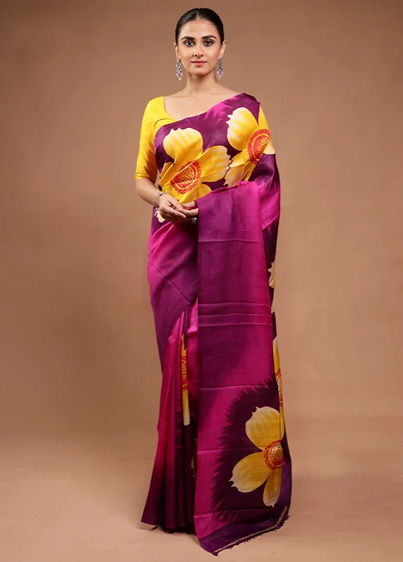 Pink Printed Silk Saree With Blouse Piece Onesize