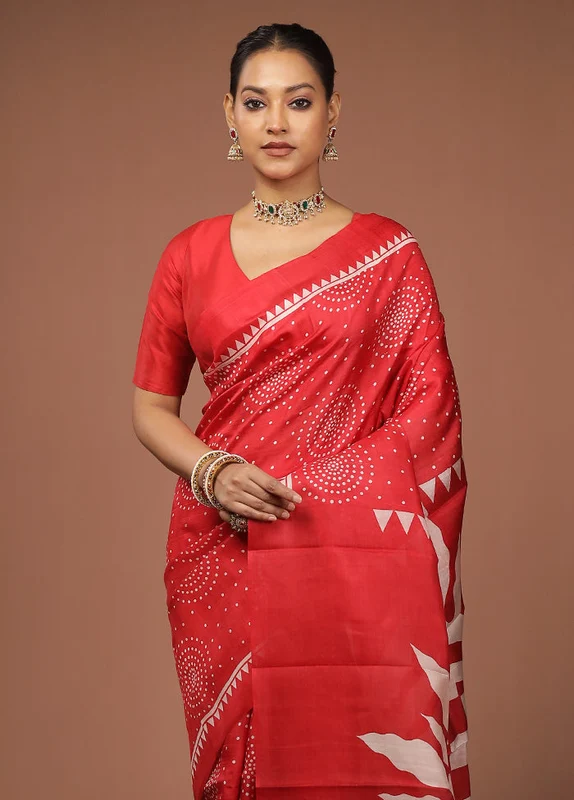 Red Printed Pure Silk Saree Without Blouse Piece One Size