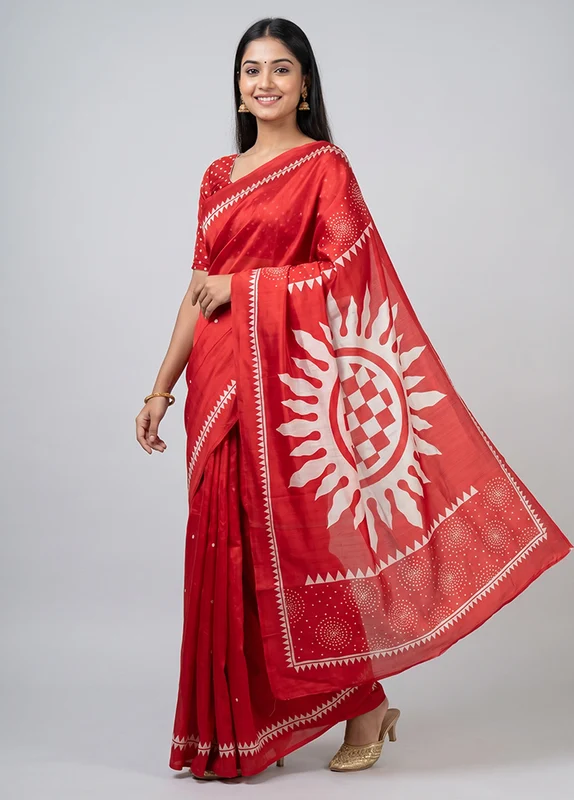 Red Printed Silk Saree Without Blouse Piece One Size