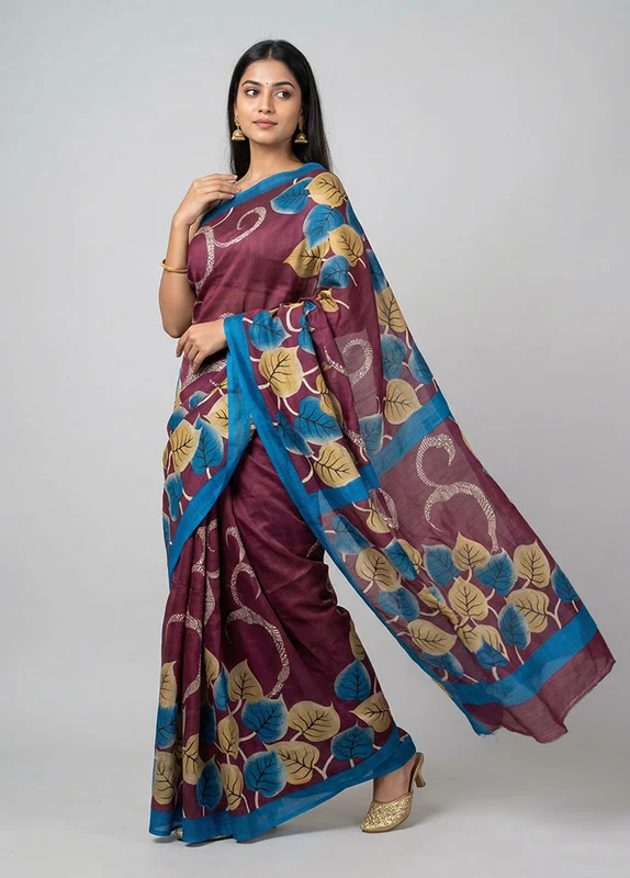 Purple Printed Silk Saree Without Blouse Piece One Size