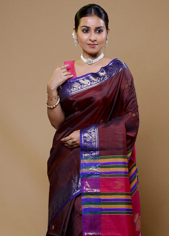 Maroon Kalakshetra Pure Silk Saree With Blouse Piece Onesize