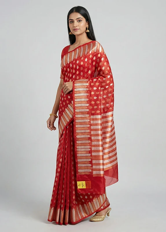 Red Organza Saree With Blouse Piece One Size