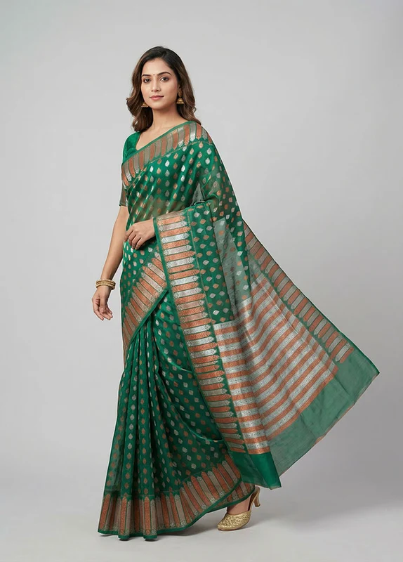 Green Organza Saree With Blouse Piece One Size