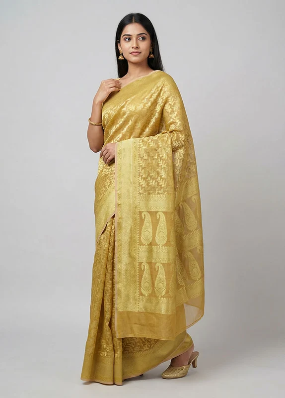 Cream Organza Saree With Blouse Piece One Size