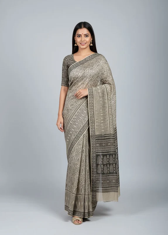 Cream Cotton Saree With Blouse Piece One Size