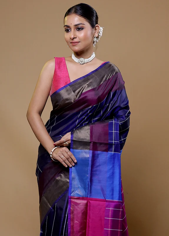 Blue Kalakshetra Silk Saree With Blouse Piece Onesize
