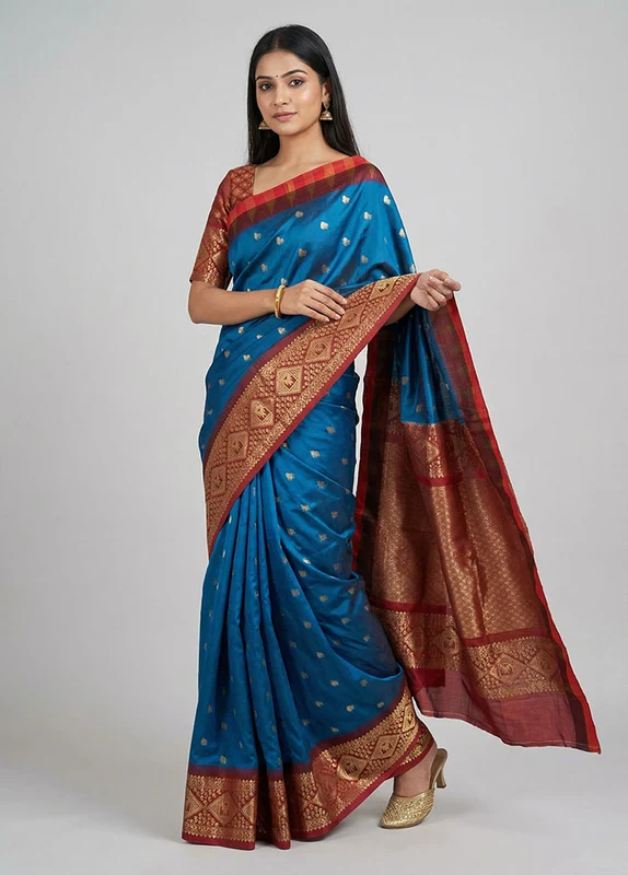 Blue Kanjivaram Silk Saree With Blouse Piece One Size