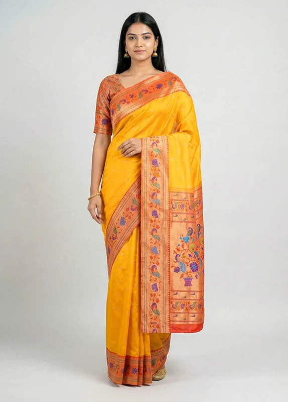 Yellow Handloom Kanjivaram Pure Silk Saree With Blouse Piece One Size