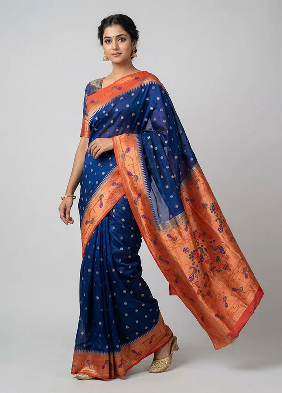 Blue Handloom Kanjivaram Pure Silk Saree With Blouse Piece One Size